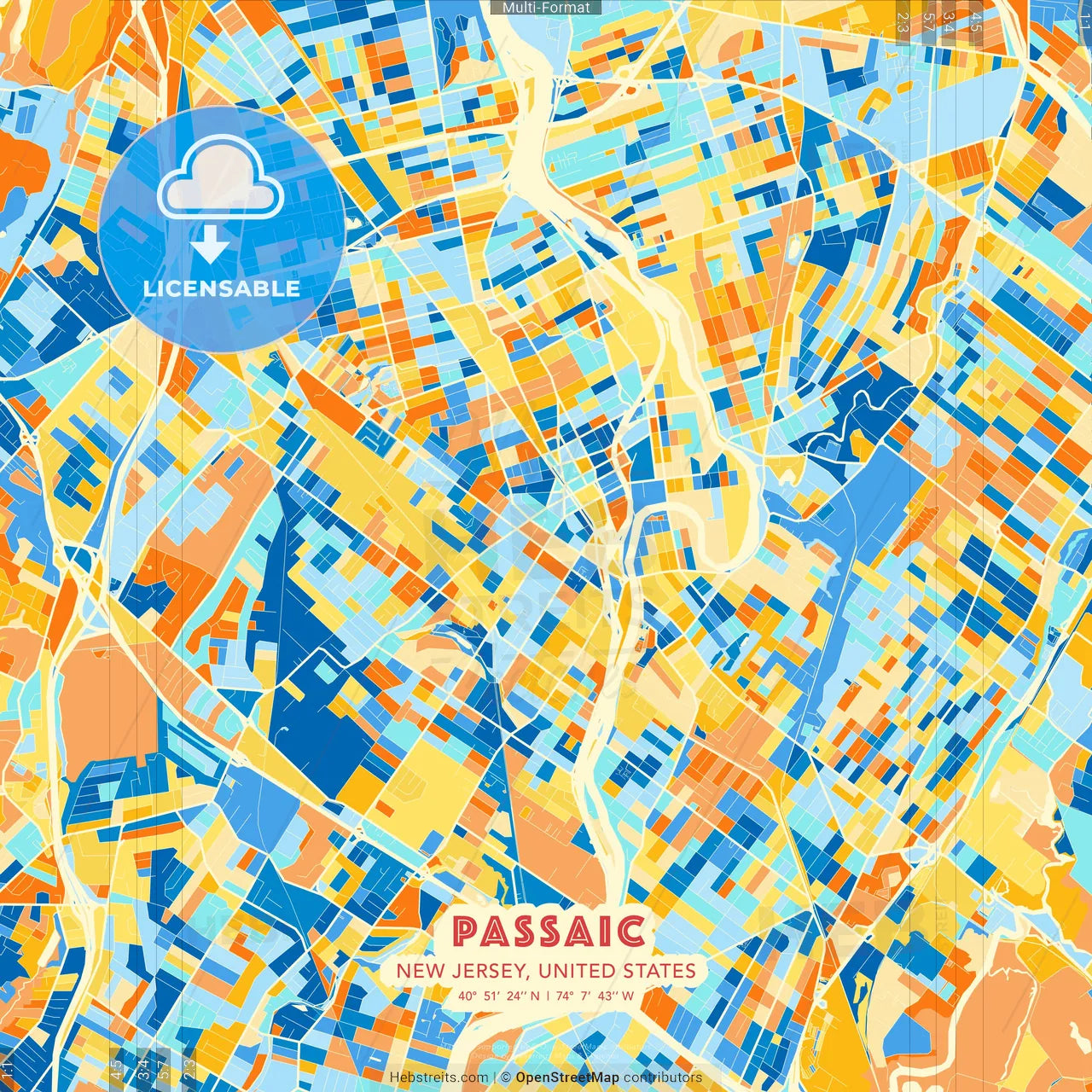 Passaic, New Jersey, United States blue and orange vector art map template