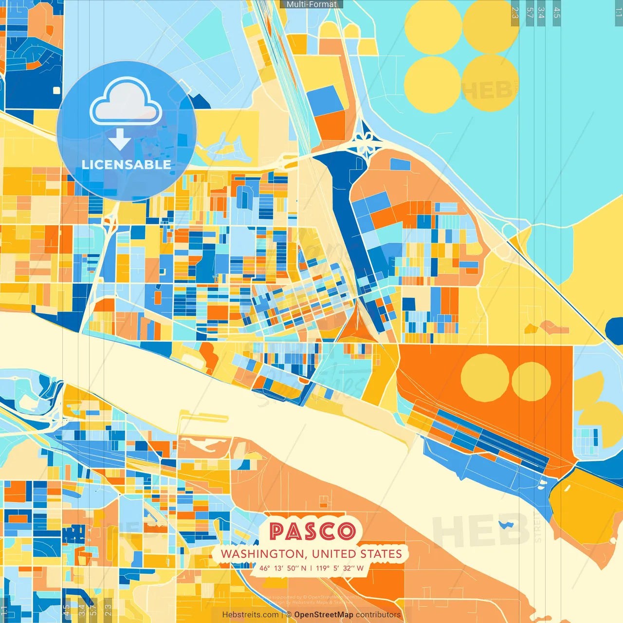 Pasco, Washington, United States blue and orange vector art map template