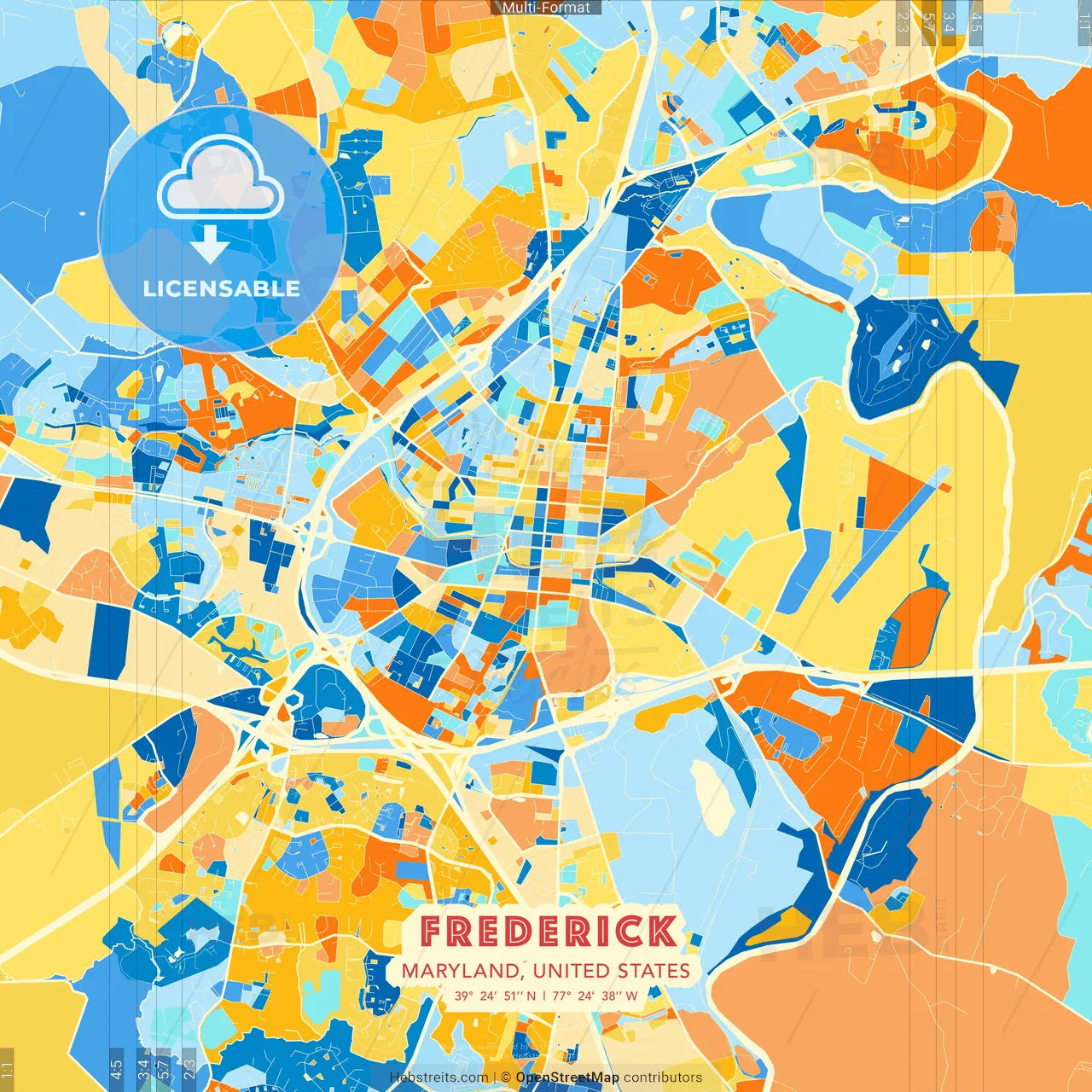 Frederick, Maryland, United States blue and orange vector art map template
