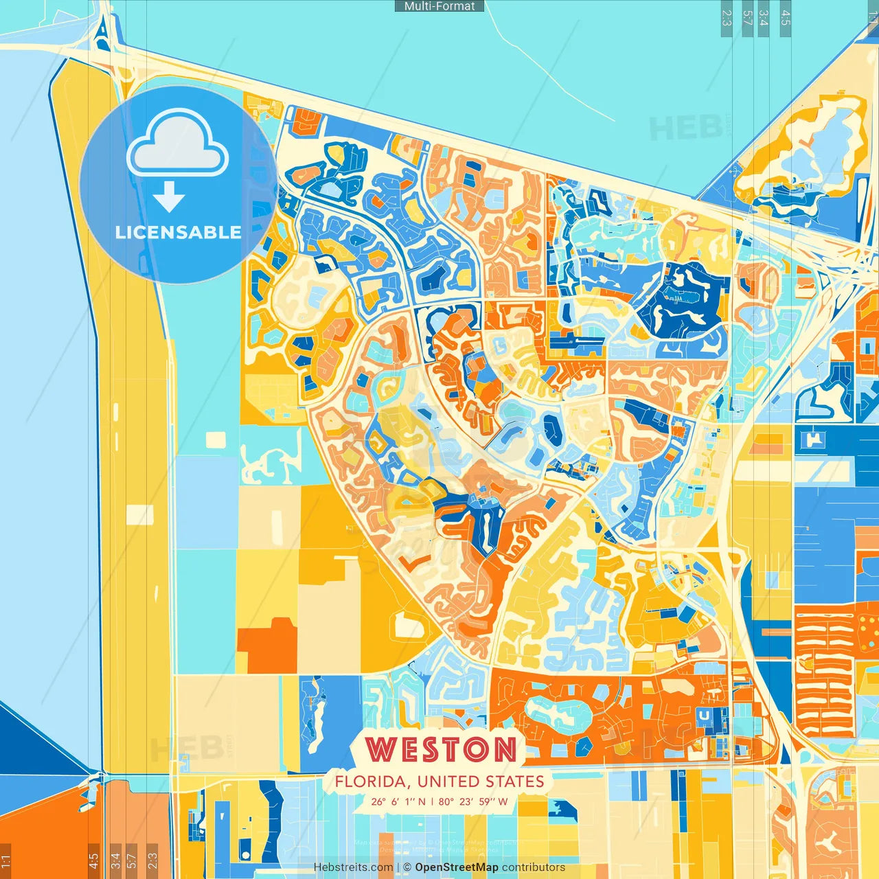 Weston, Florida, United States blue and orange vector art map template