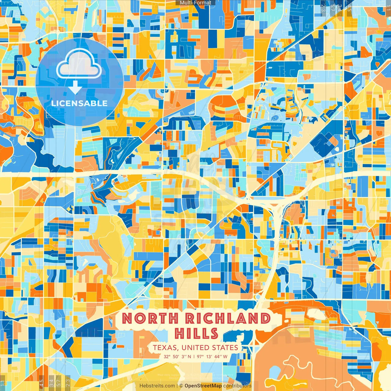 North Richland Hills, Texas, United States blue and orange vector art map template