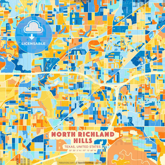North Richland Hills, Texas, United States blue and orange vector art map template