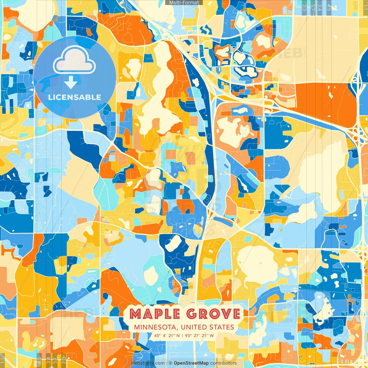 Maple Grove, Minnesota, United States blue and orange vector art map template