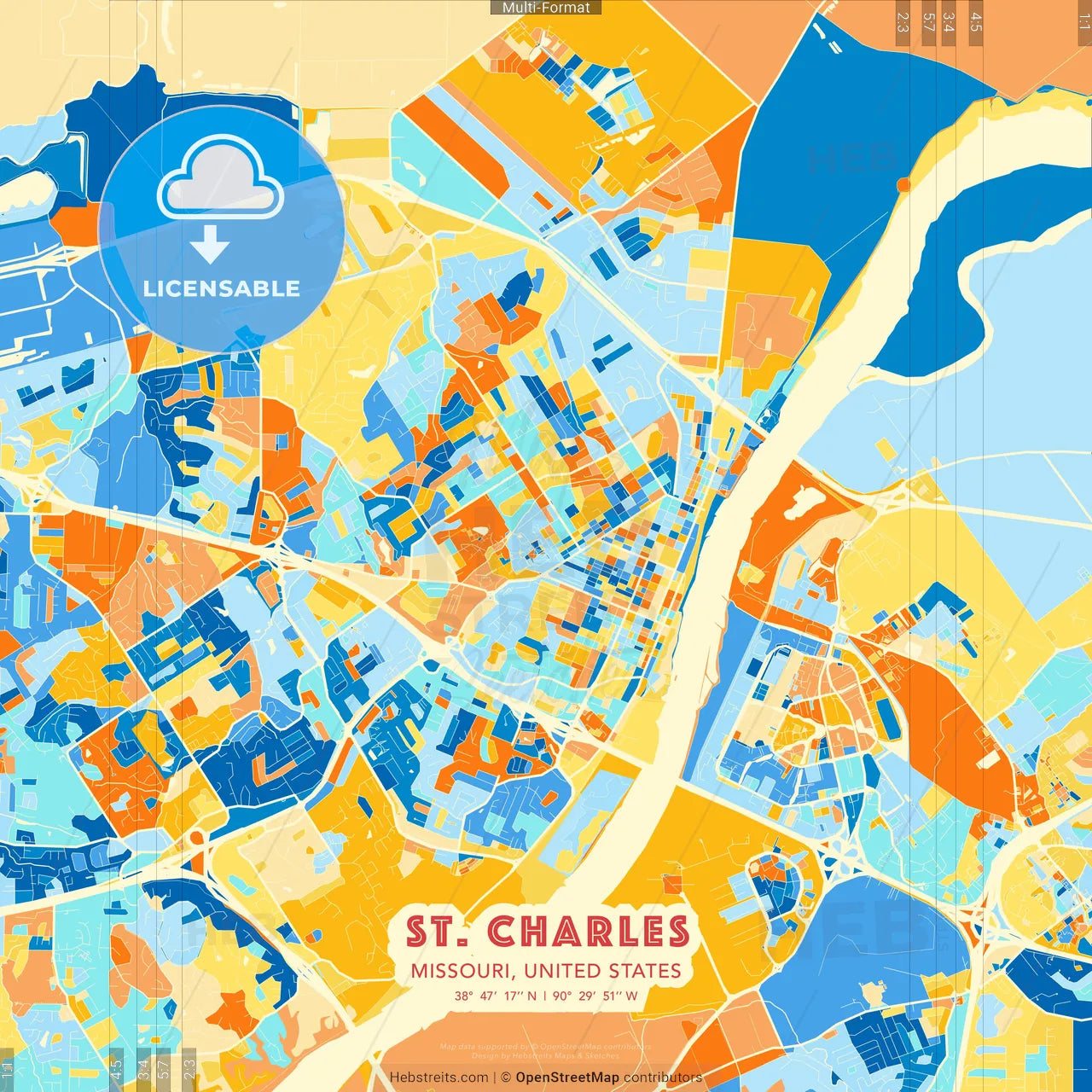 St. Charles, Missouri, United States blue and orange vector art map template