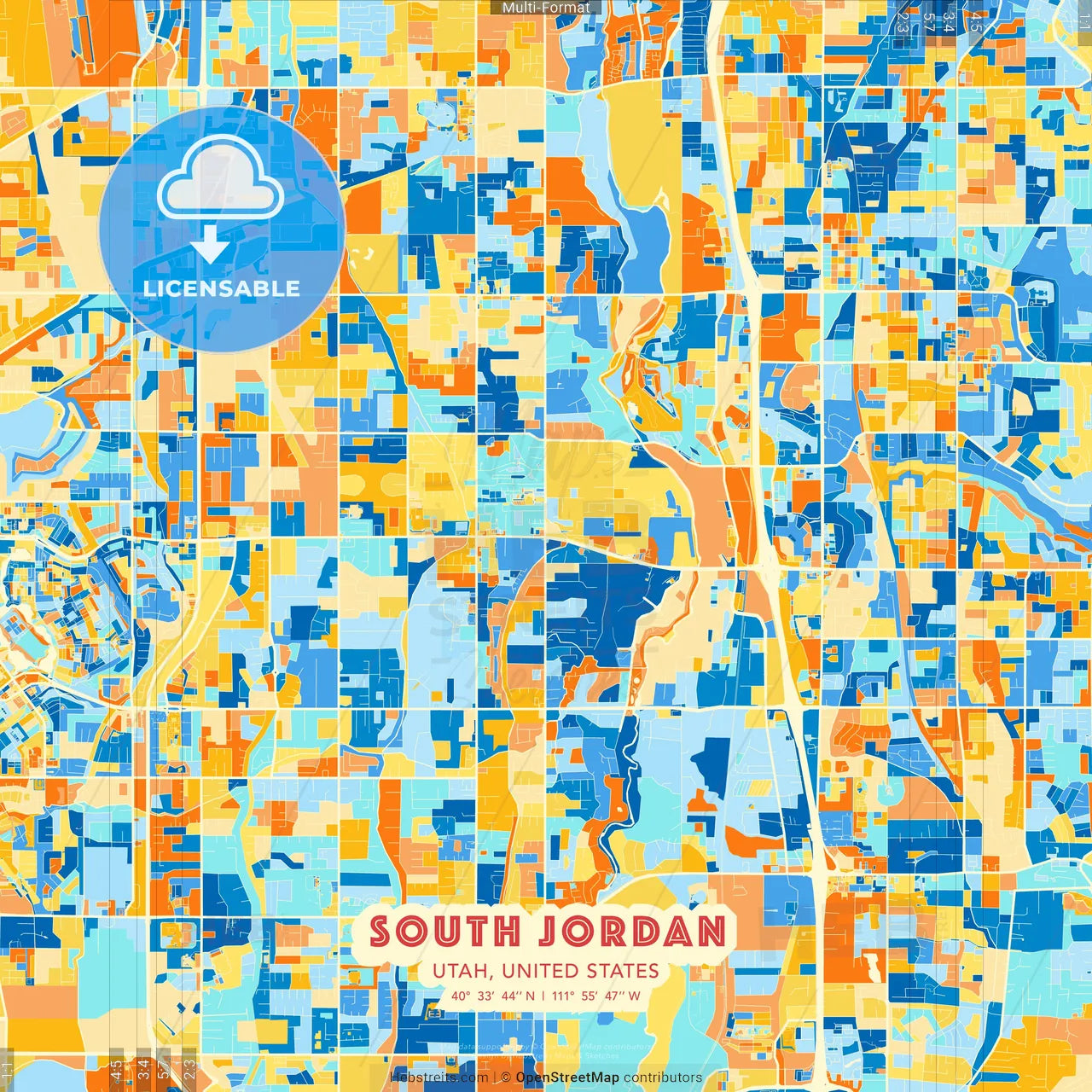 South Jordan, Utah, United States blue and orange vector art map template