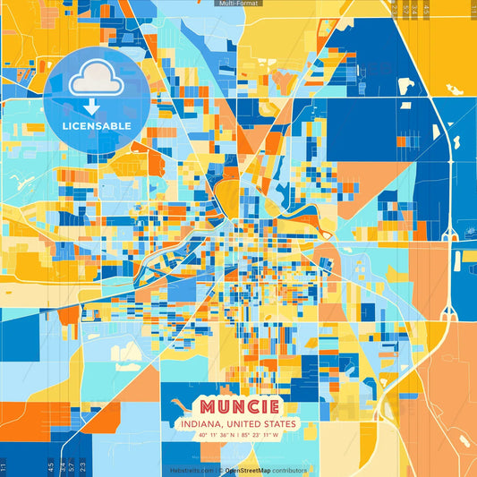 Muncie, Indiana, United States blue and orange vector art map template