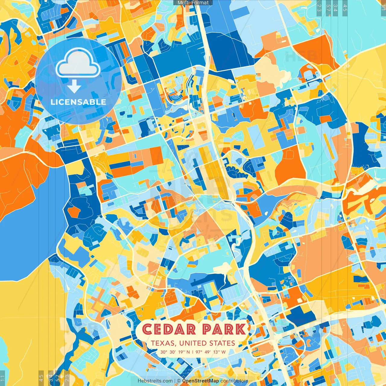 Cedar Park, Texas, United States blue and orange vector art map template