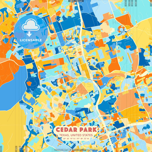 Cedar Park, Texas, United States blue and orange vector art map template