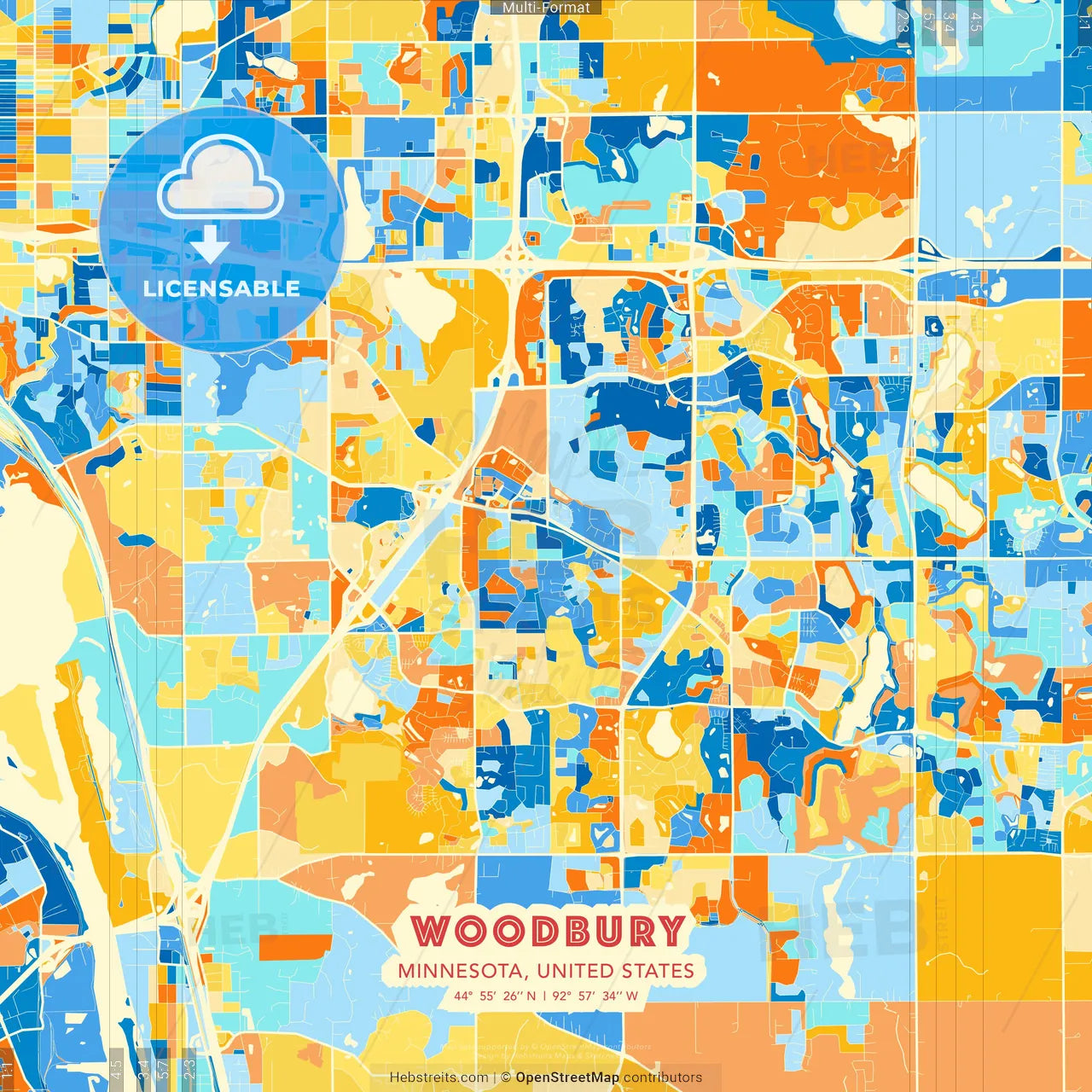 Woodbury, Minnesota, United States blue and orange vector art map template