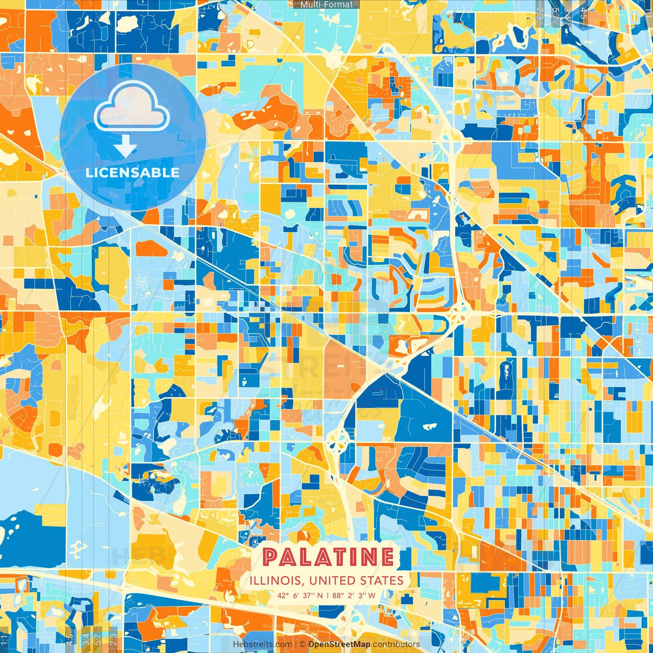 Palatine, Illinois, United States blue and orange vector art map template