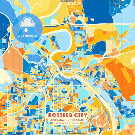 Bossier City, Louisiana, United States blue and orange vector art map template