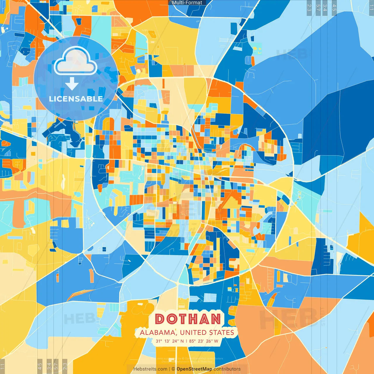 Dothan, Alabama, United States blue and orange vector art map template