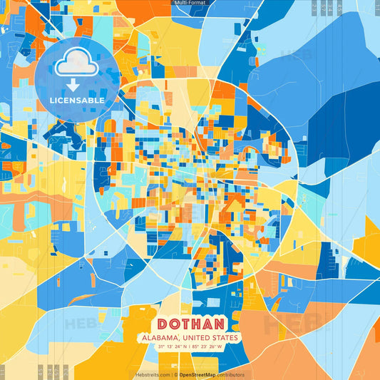 Dothan, Alabama, United States blue and orange vector art map template
