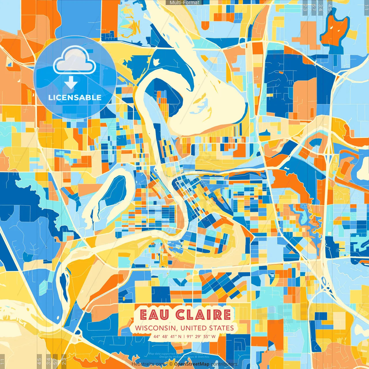 Eau Claire, Wisconsin, United States blue and orange vector art map template