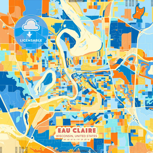 Eau Claire, Wisconsin, United States blue and orange vector art map template