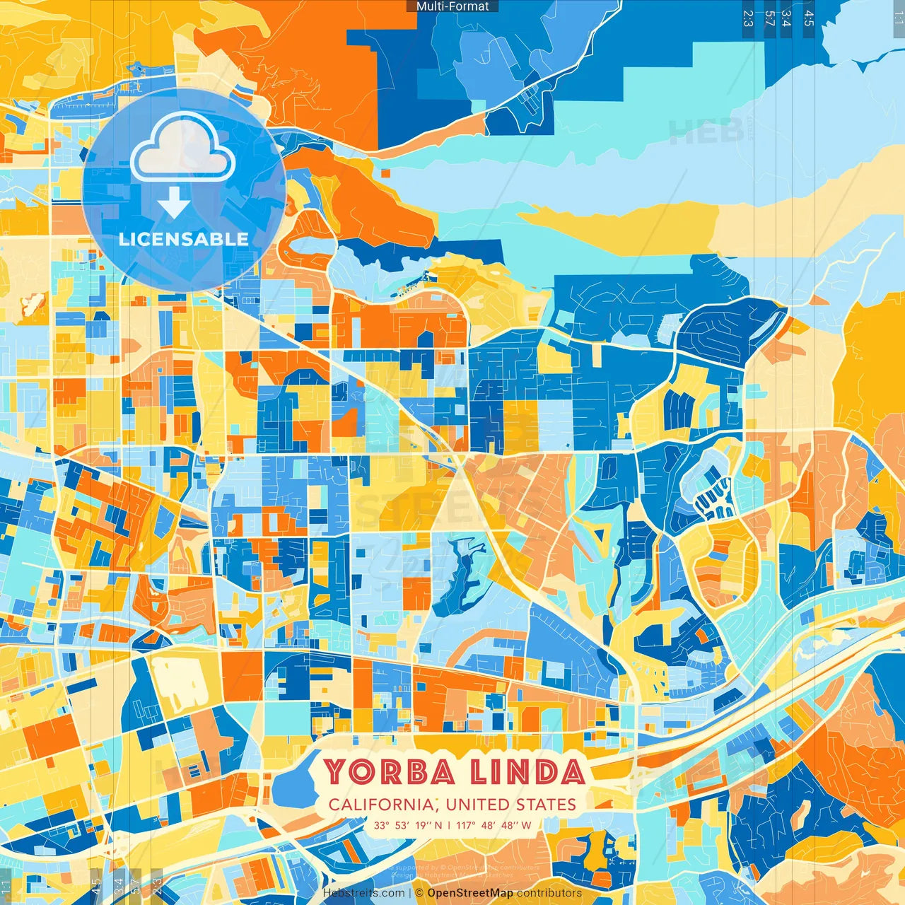 Yorba Linda, California, United States blue and orange vector art map template