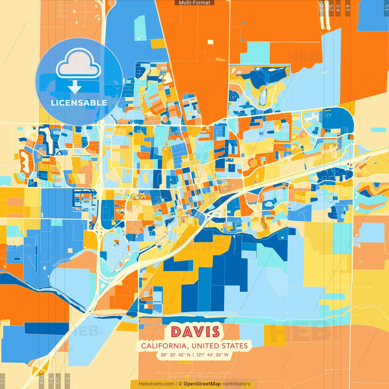 Davis, California, United States blue and orange vector art map template