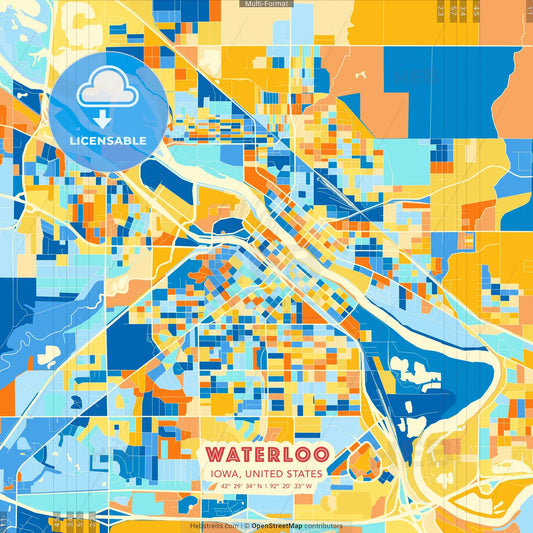 Waterloo, Iowa, United States blue and orange vector art map template