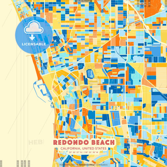 Redondo Beach, California, United States blue and orange vector art map template