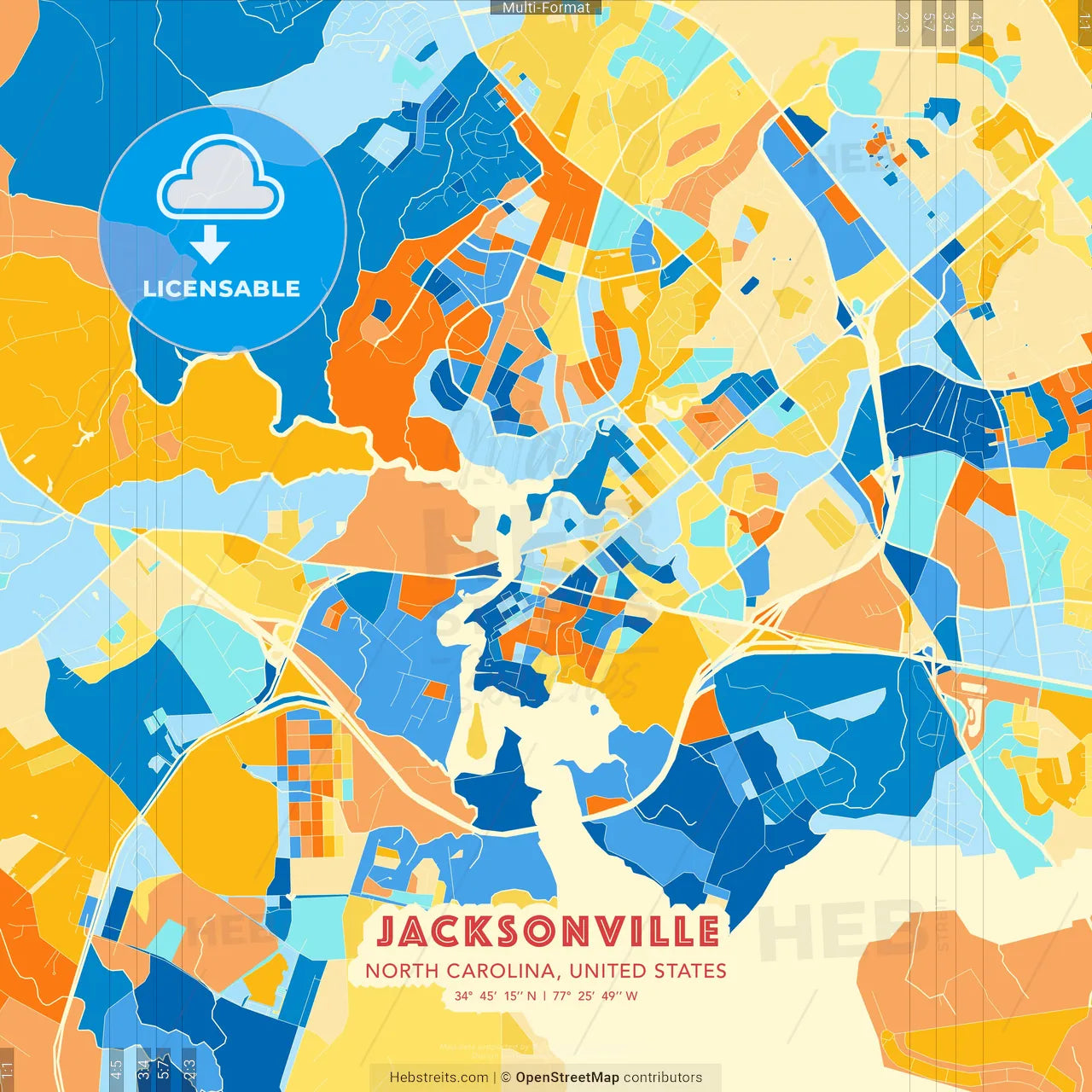 Jacksonville, North Carolina, United States blue and orange vector art map template