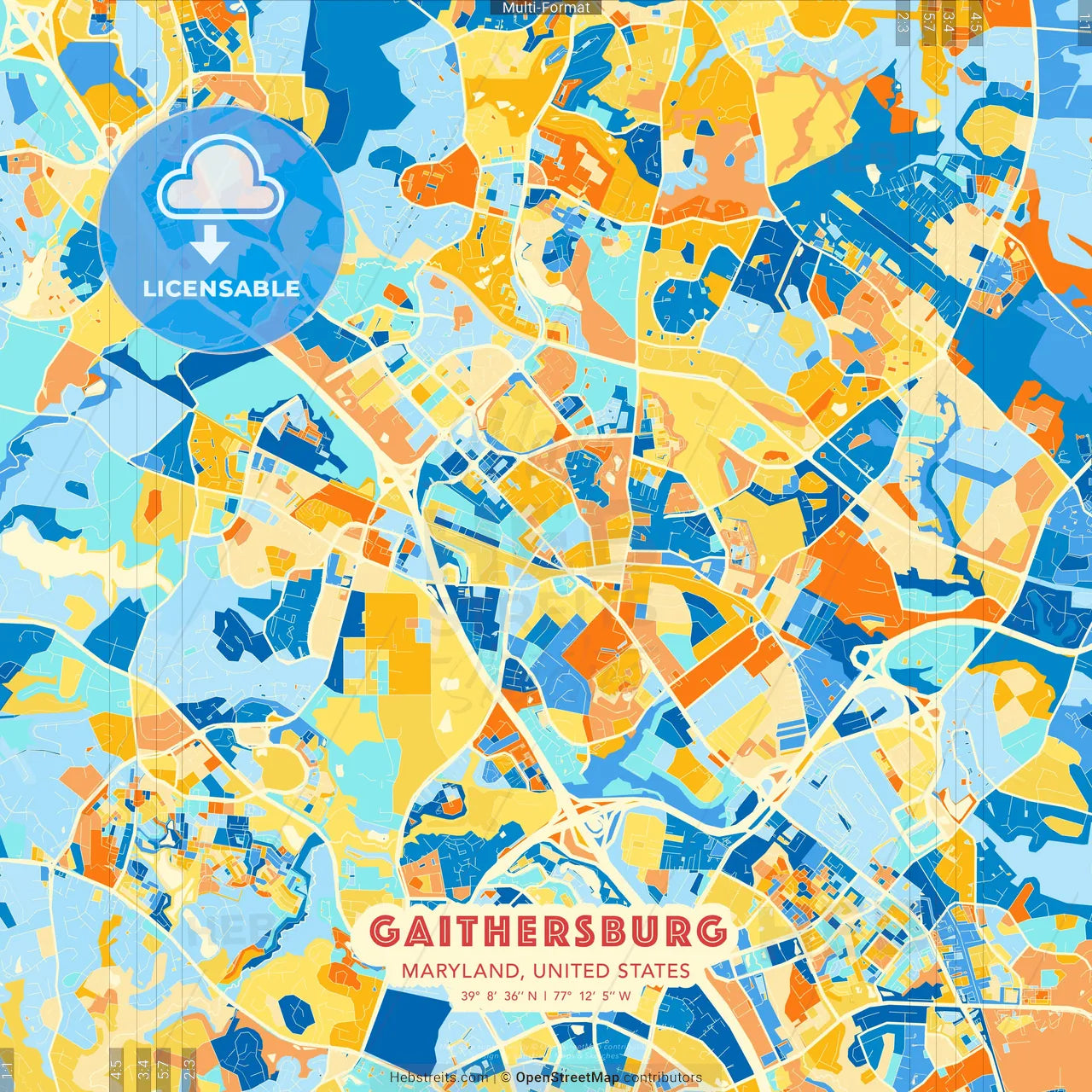 Gaithersburg, Maryland, United States blue and orange vector art map template