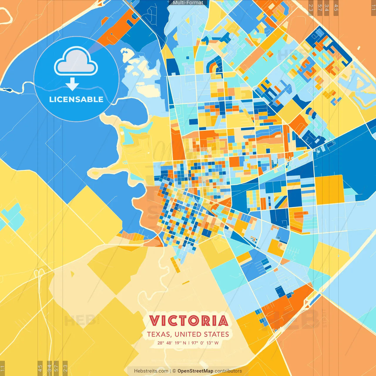 Victoria, Texas, United States blue and orange vector art map template