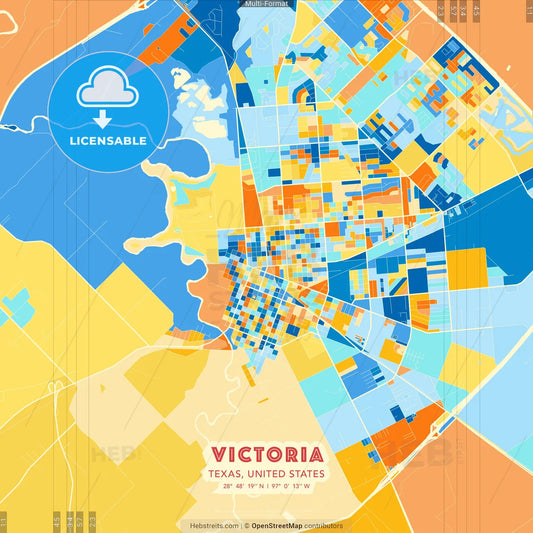 Victoria, Texas, United States blue and orange vector art map template