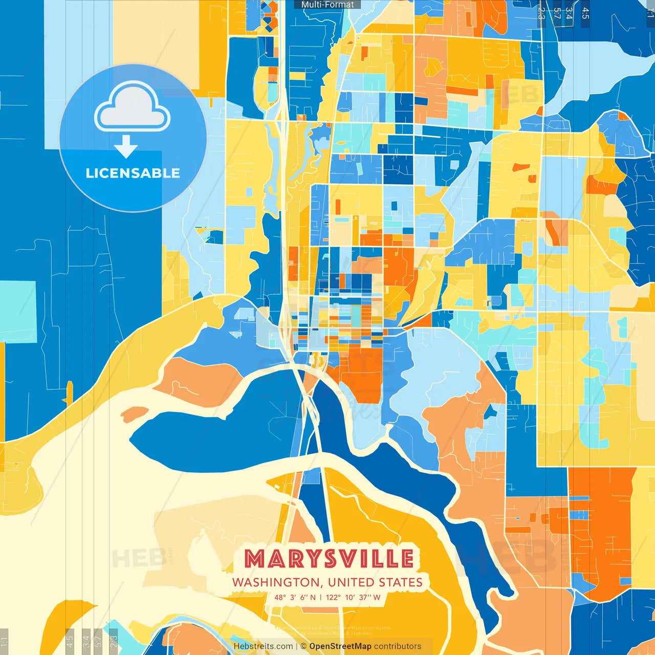 Marysville, Washington, United States blue and orange vector art map template