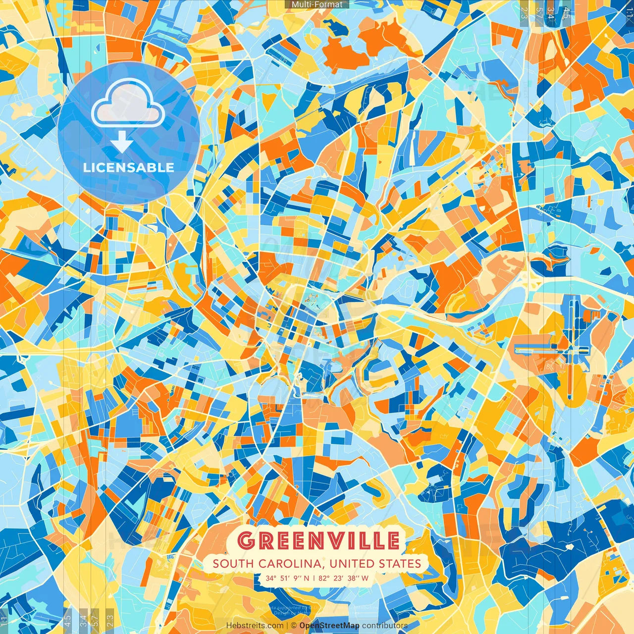 Greenville, South Carolina, United States blue and orange vector art map template