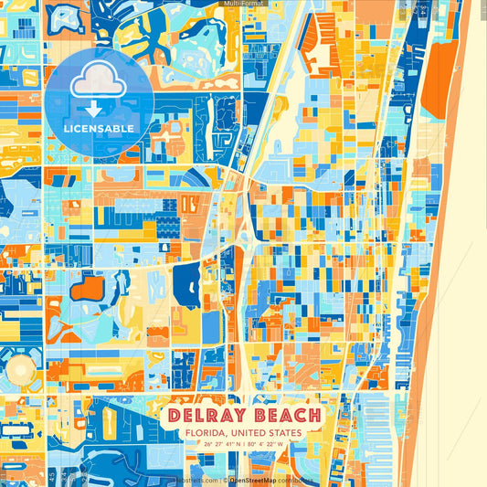 Delray Beach, Florida, United States blue and orange vector art map template