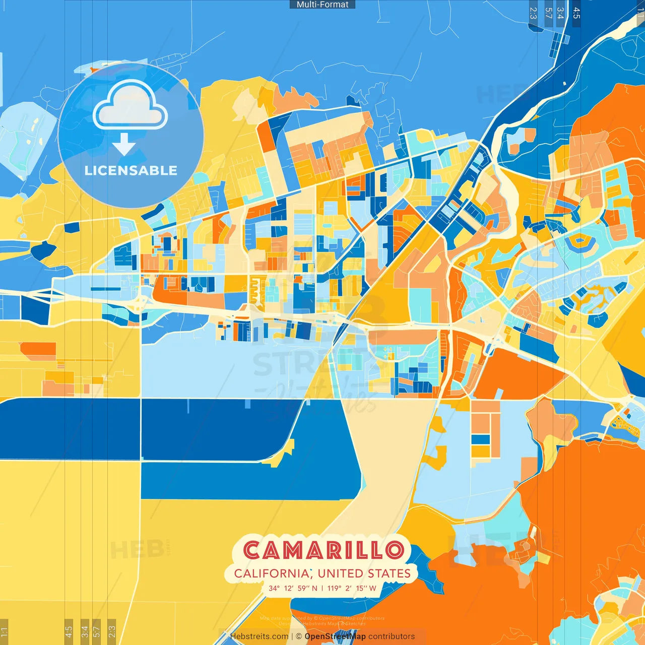 Camarillo, California, United States blue and orange vector art map template