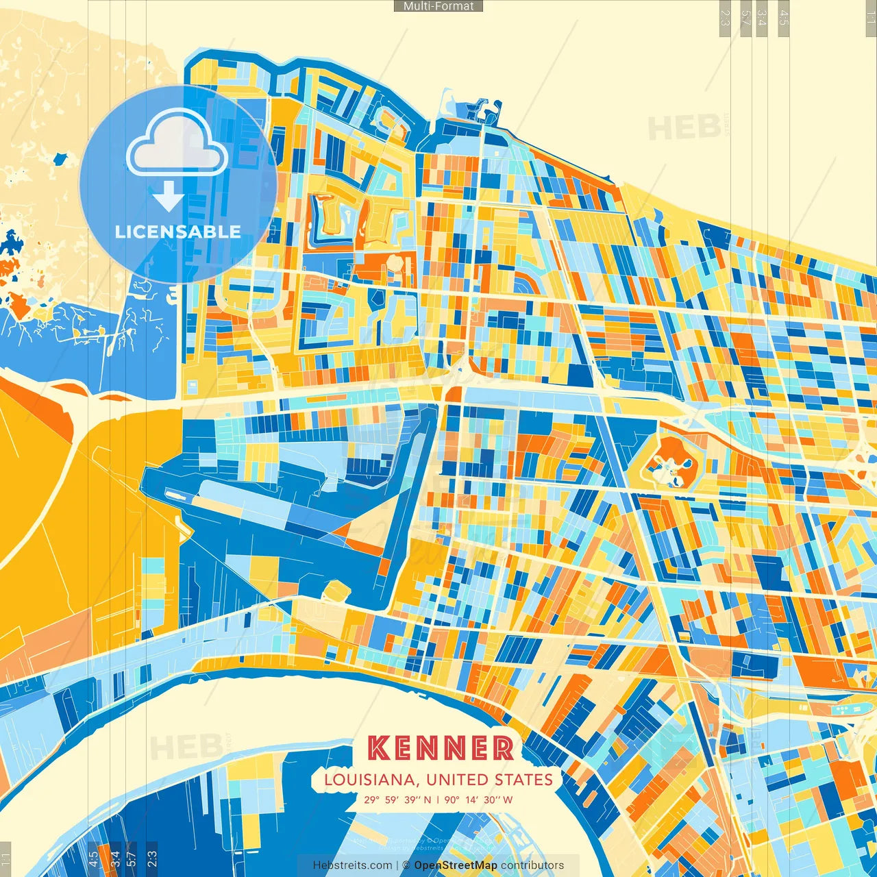 Kenner, Louisiana, United States blue and orange vector art map template