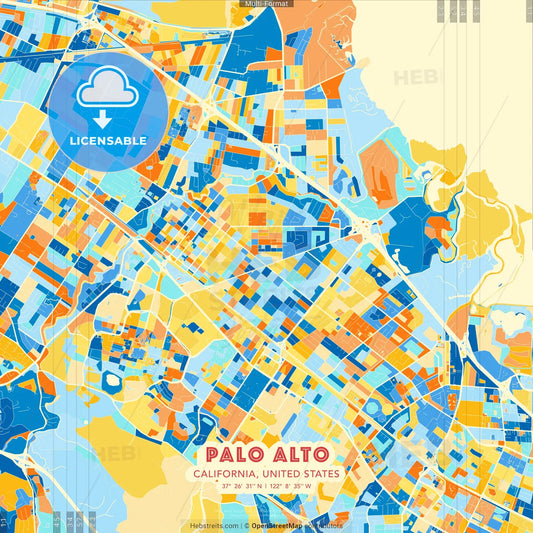 Palo Alto, California, United States blue and orange vector art map template