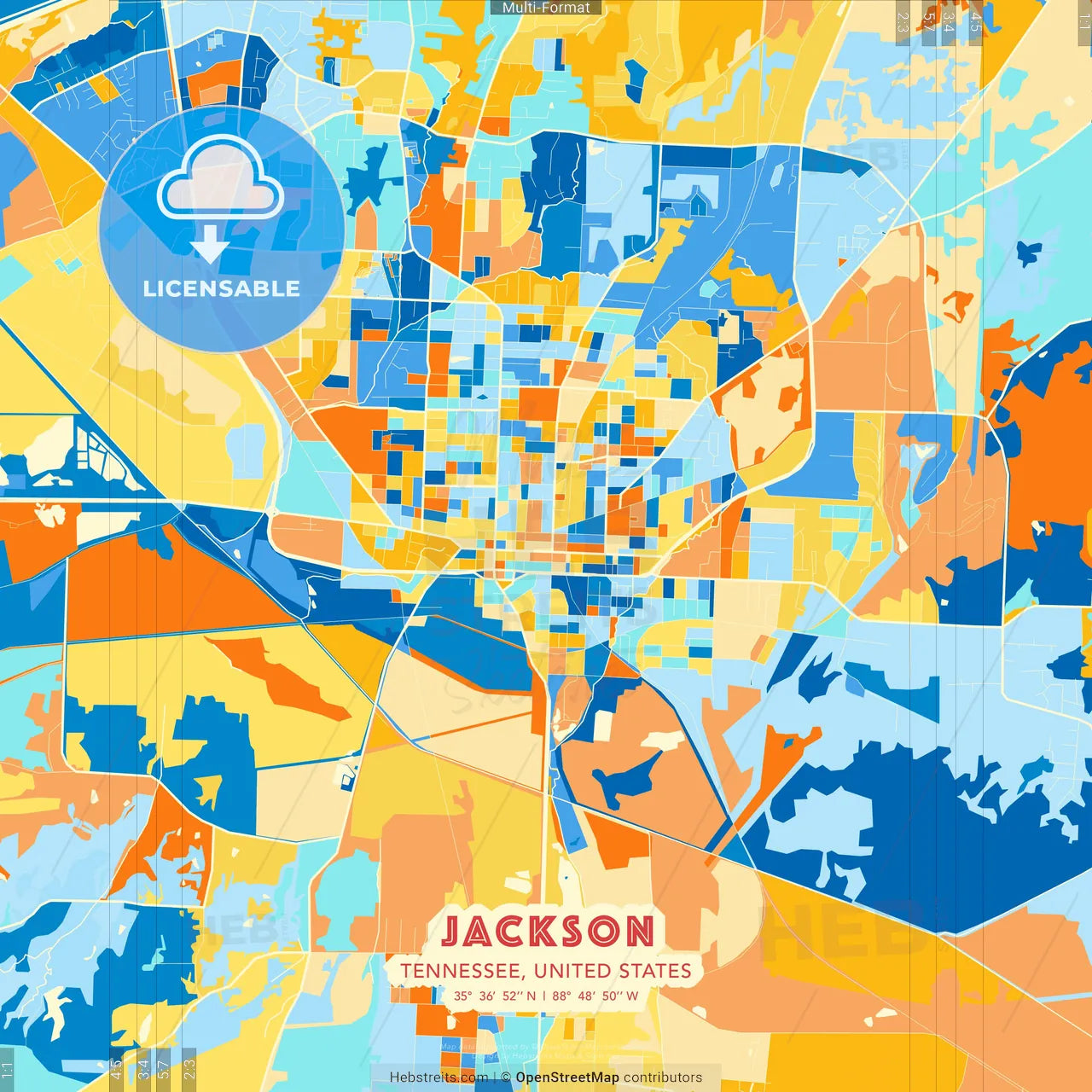 Jackson, Tennessee, United States blue and orange vector art map template
