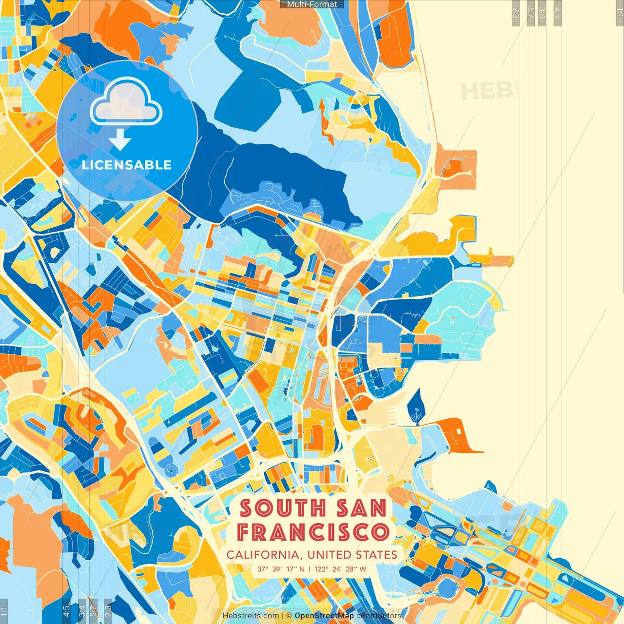South San Francisco, California, United States blue and orange vector art map template