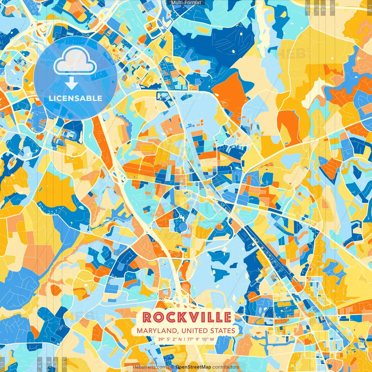 Rockville, Maryland, United States blue and orange vector art map template