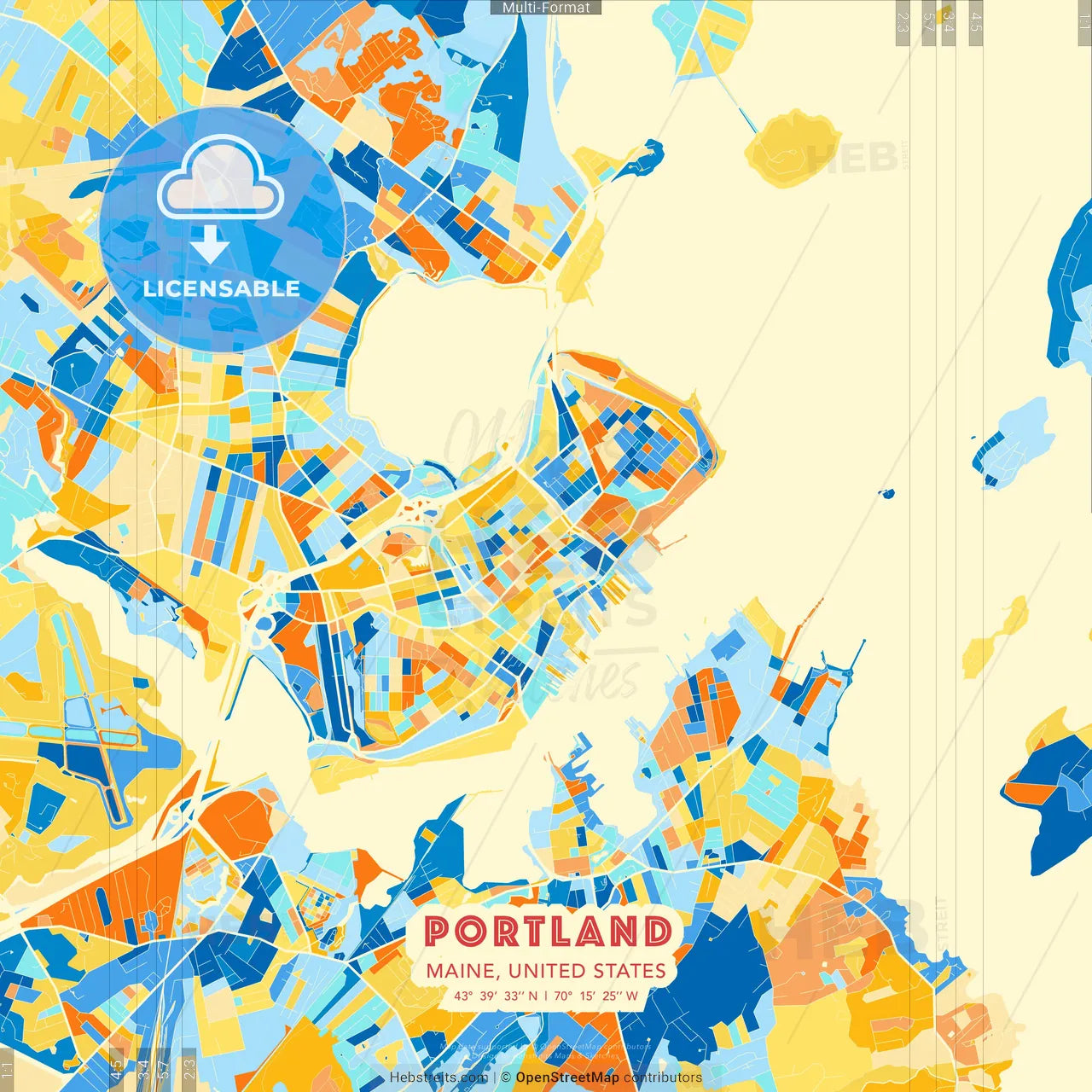 Portland, Maine, United States blue and orange vector art map template