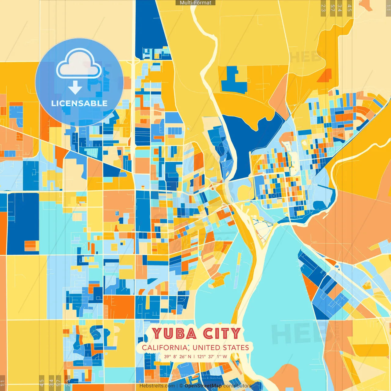 Yuba City, California, United States blue and orange vector art map template