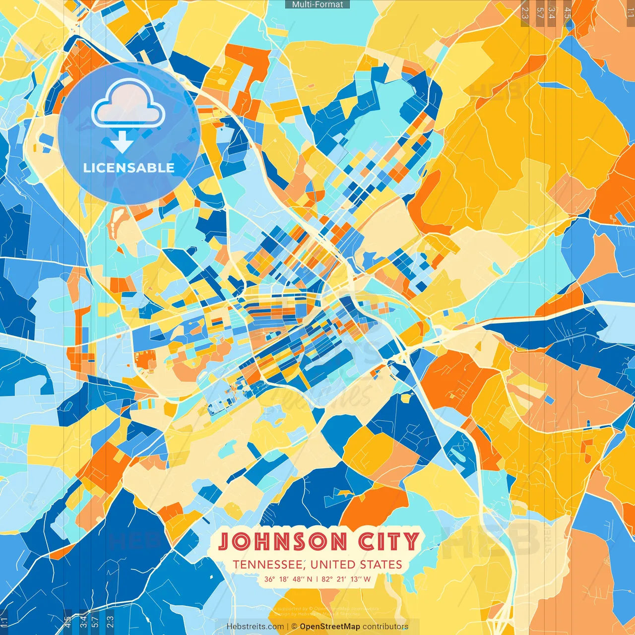 Johnson City, Tennessee, United States blue and orange vector art map template