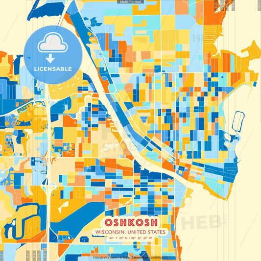 Oshkosh, Wisconsin, United States blue and orange vector art map template