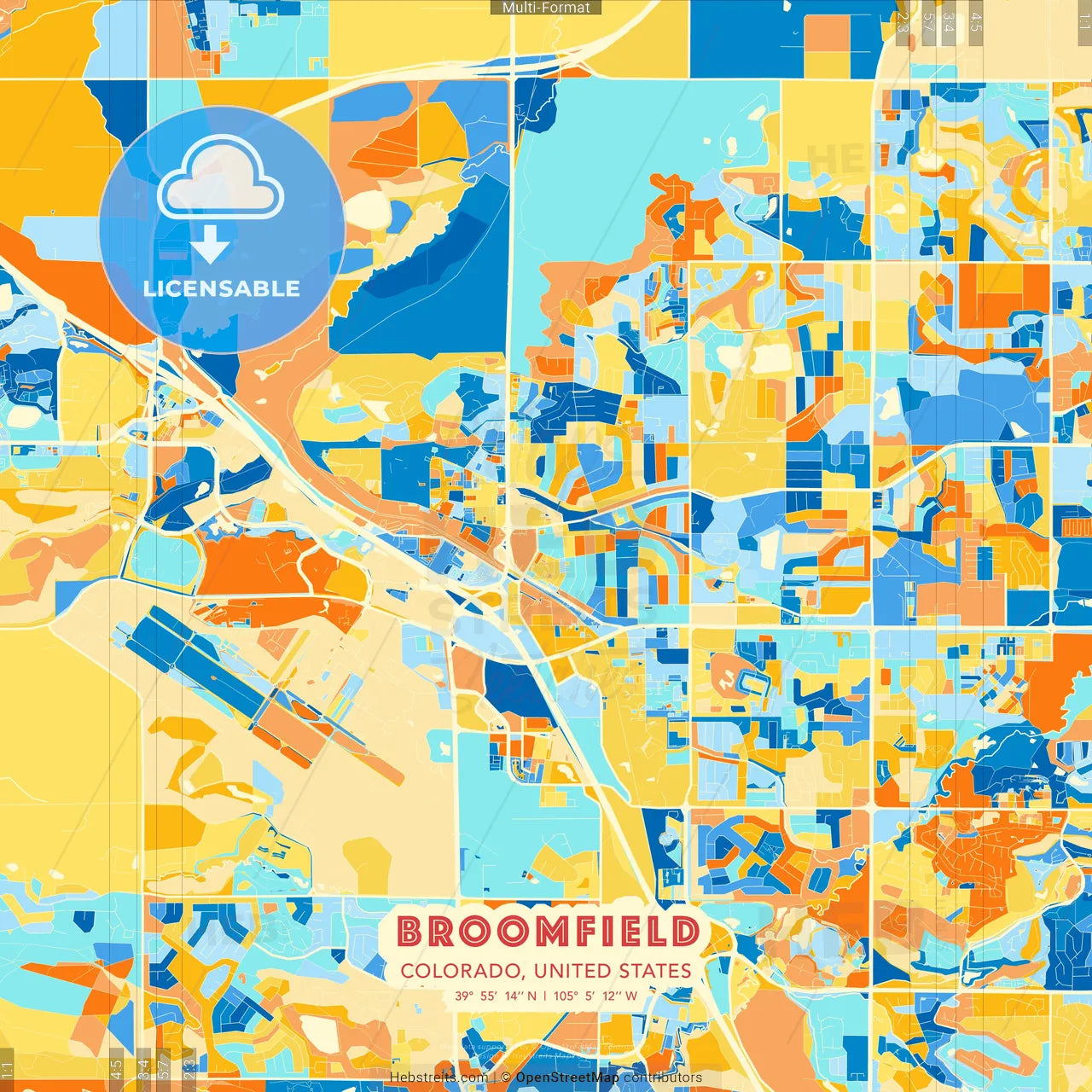 Broomfield, Colorado, United States blue and orange vector art map template