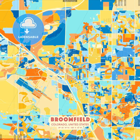 Broomfield, Colorado, United States blue and orange vector art map template