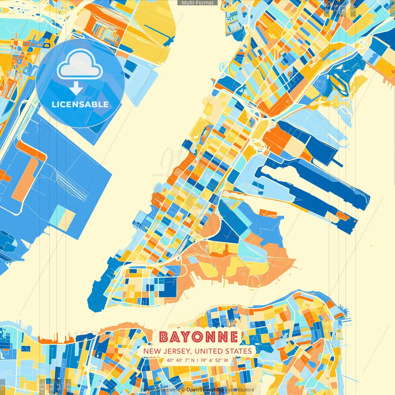 Bayonne, New Jersey, United States blue and orange vector art map template