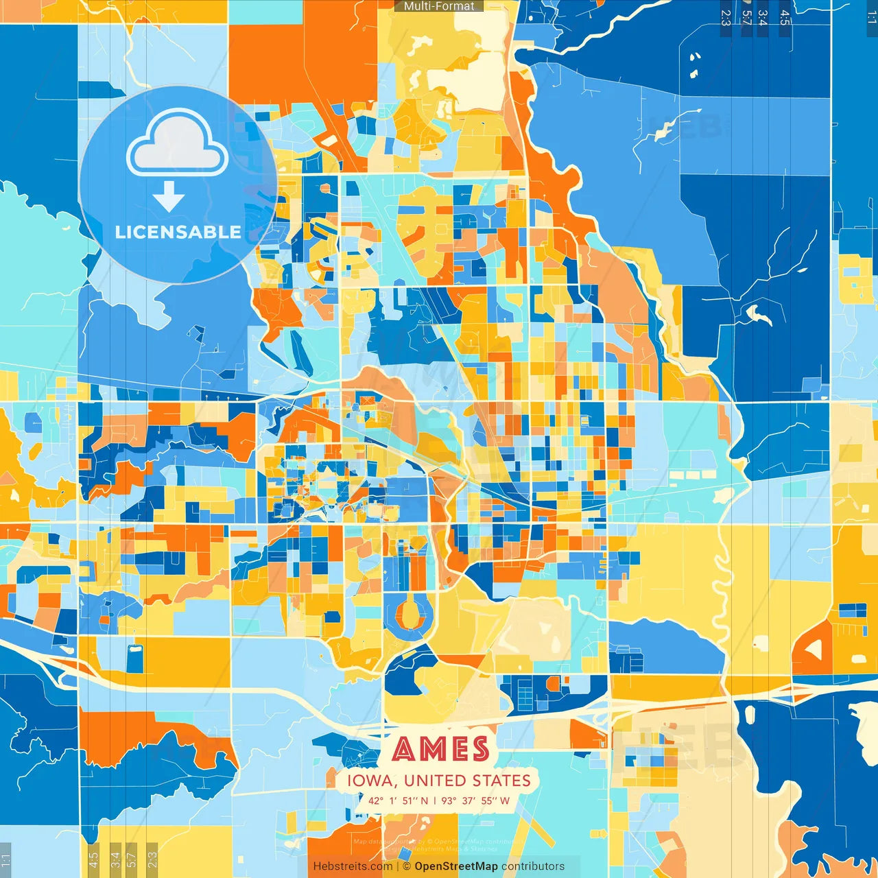 Ames, Iowa, United States blue and orange vector art map template