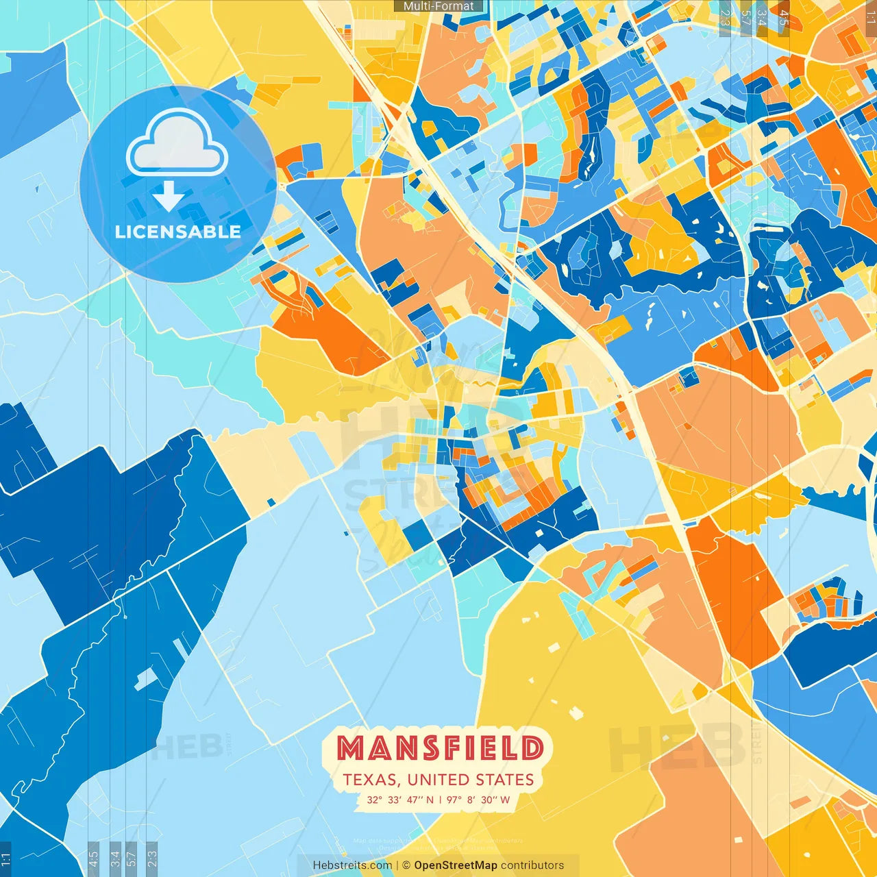 Mansfield, Texas, United States blue and orange vector art map template