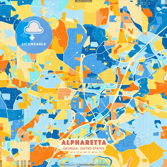 Alpharetta, Georgia, United States blue and orange vector art map template