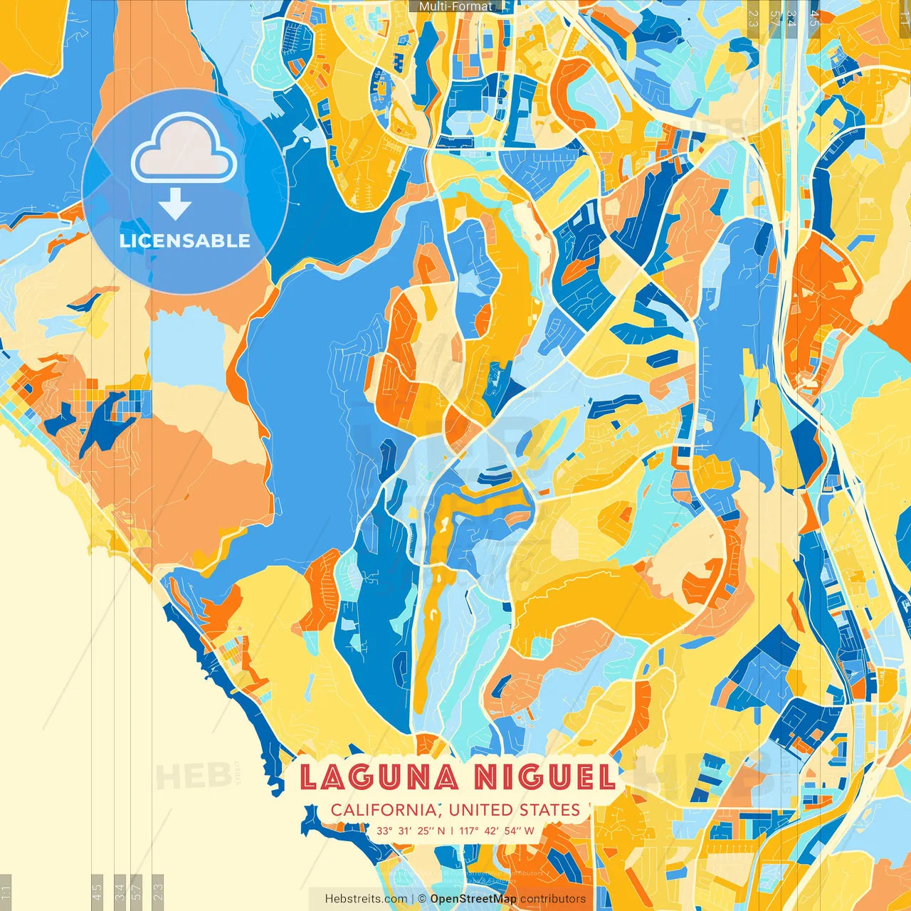 Laguna Niguel, California, United States blue and orange vector art map template