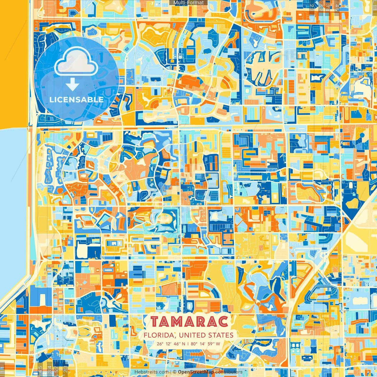Tamarac, Florida, United States blue and orange vector art map template