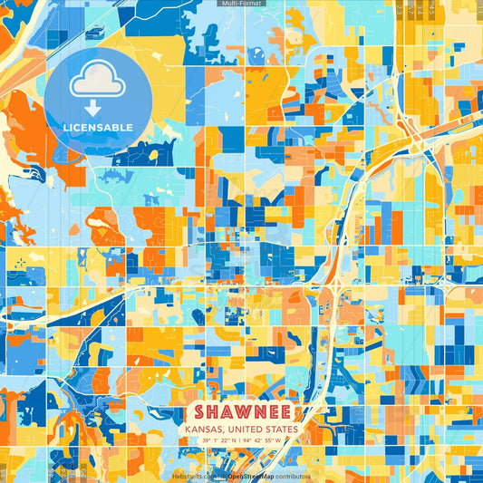 Shawnee, Kansas, United States blue and orange vector art map template