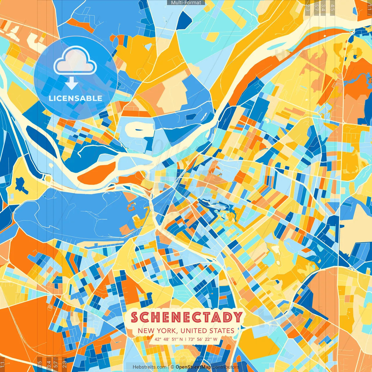 Schenectady, New York, United States blue and orange vector art map template